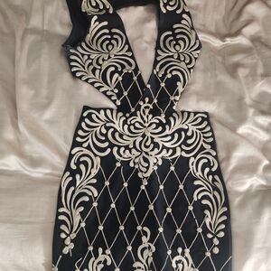 Black Backless Evening Dress with White Embroidery